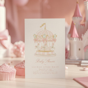 Girl Carousel Fairytale Bows Pink Baby Shower Invitation