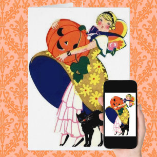 Girl Carrying Pumpkin with Black Cat