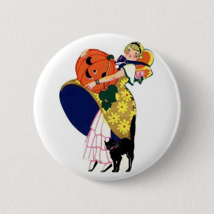 Girl Carrying Pumpkin with Black Cat 6 Cm Round Badge