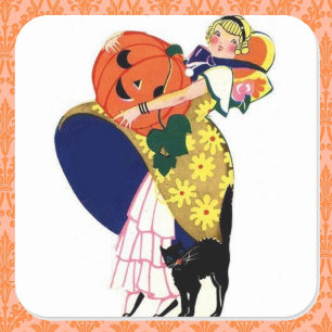 Girl Carrying Pumpkin with Black Cat Coaster