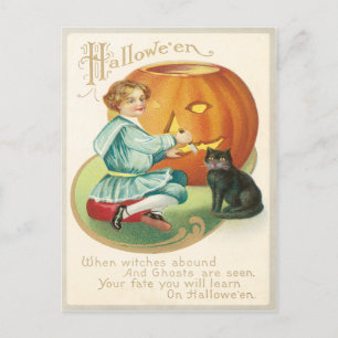 Girl Carving A Pumpkin Vintage Postcard