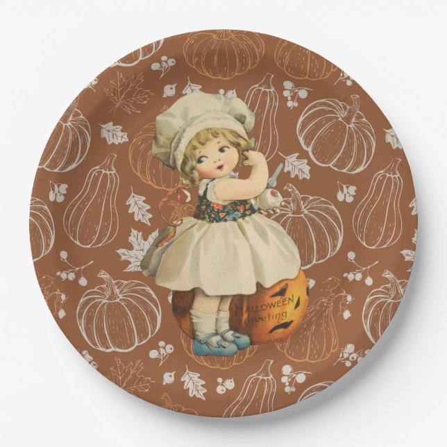 Girl Carving Apple Halloween Paper Plate (Front)