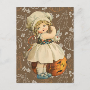 Girl Carving Apple Halloween Postcard