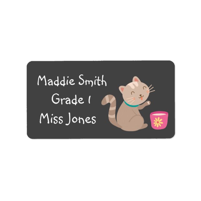 Girl cat in teacup cute name book labels (Front)