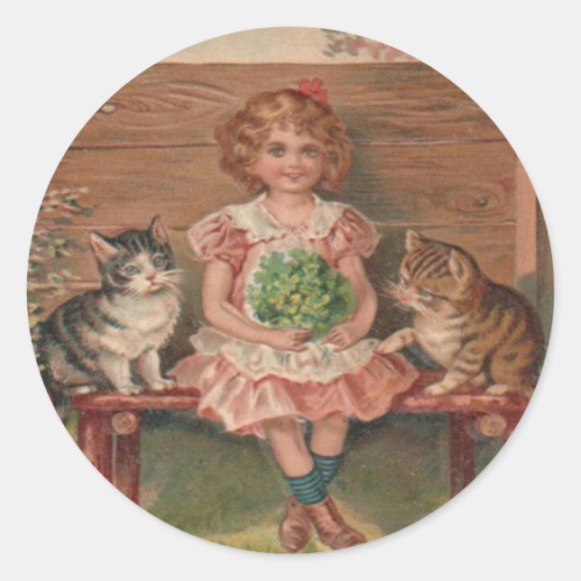 Girl Cat Kitten Flowers Birthday Classic Round Sticker (Front)