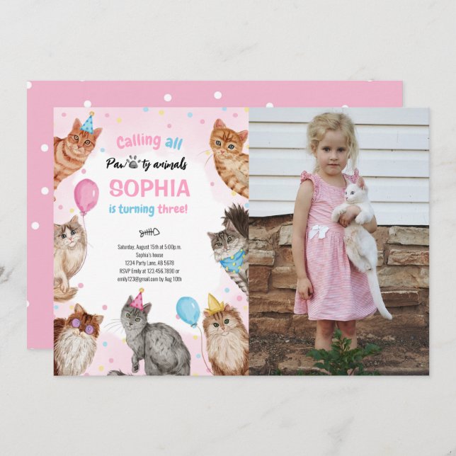 Girl Cat Pawty Animals Birthday Photo Invitation (Front/Back)