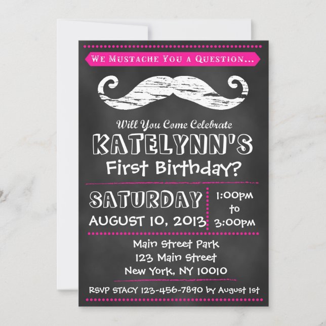 Girl Chalkboard Moustache Birthday Invitation (Front)