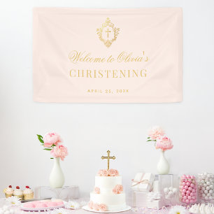 Girl Christening Pink Vintage Faux Gold Foil Crest Banner