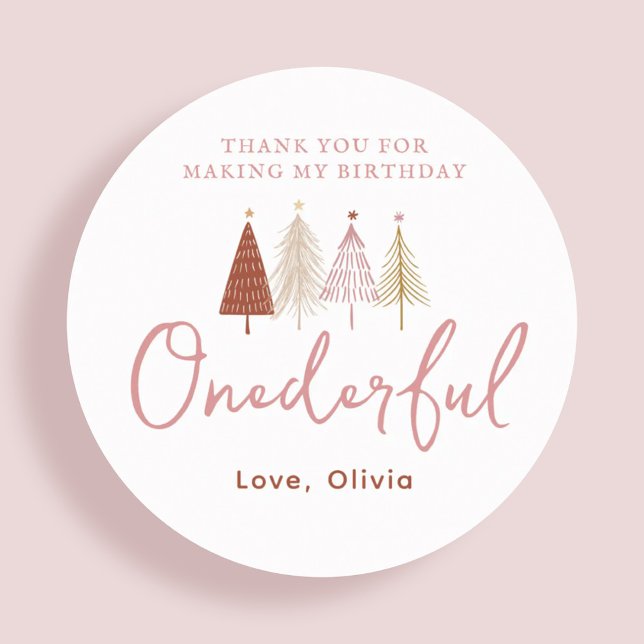 Girl Christmas Tree Onederful Birthday Thank You Classic Round Sticker (Creator Uploaded)