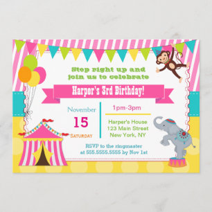 Girl Circus Carnival Birthday Party Invitations