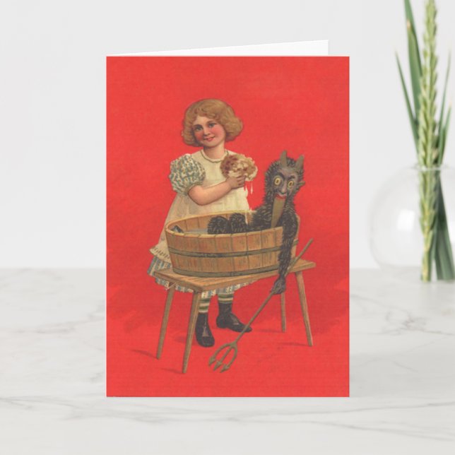 Girl Cleaning Krampus Holiday Card (Front)