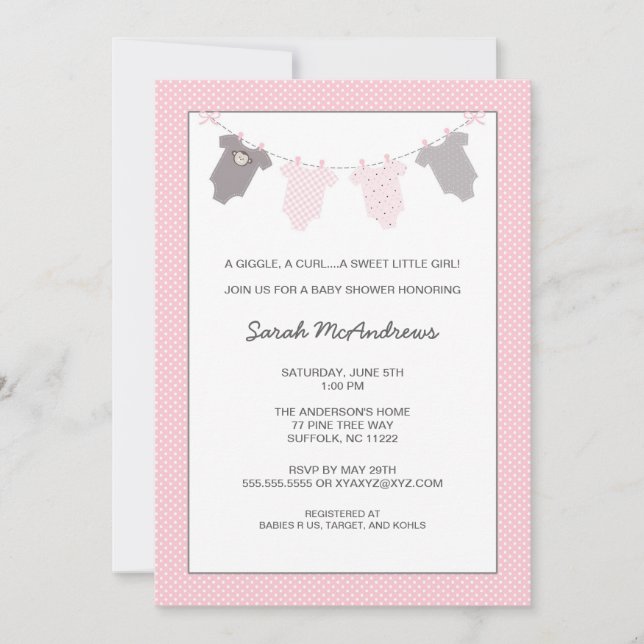 Girl Clothesline Baby Shower Invite Pink Grey (Front)