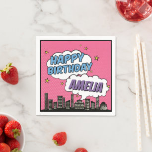 Girl Comic Book Style Superhero Happy Birthday Napkin