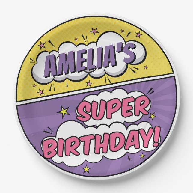 Girl Comic Book Style Superhero Happy Birthday Paper Plate (Front)