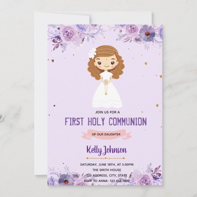 Girl communion invitation purple theme (Front)
