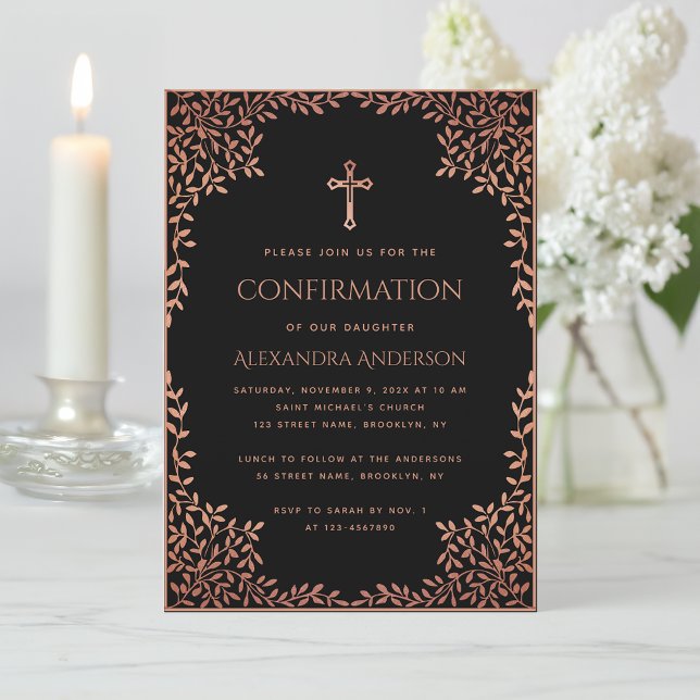 Girl Confirmation Black Pink Leaves Rose Gold Invitation (Creator Uploaded)