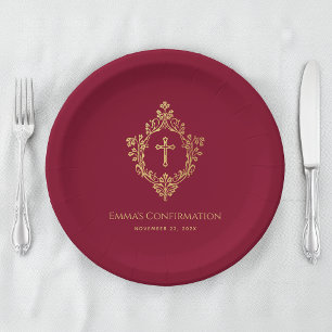 Girl Confirmation Burgundy Faux Gold Crest Elegant Paper Plate