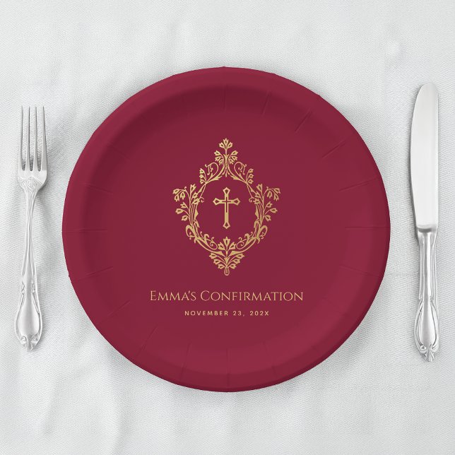 Girl Confirmation Burgundy Faux Gold Crest Elegant Paper Plate (Creator Uploaded)
