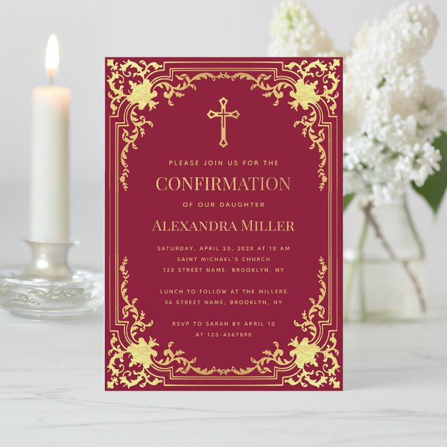 Girl Confirmation Burgundy Faux Gold Cross Elegant Invitation (Creator Uploaded)