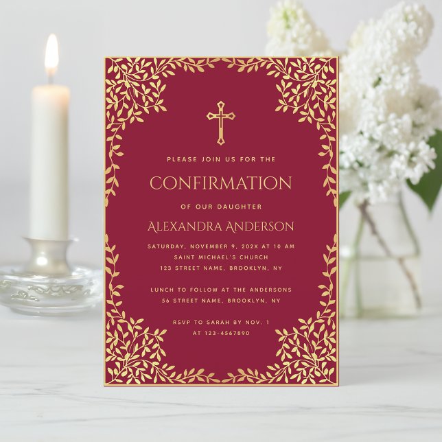 Girl Confirmation Burgundy Faux Gold Leaves Ornate Invitation (Creator Uploaded)