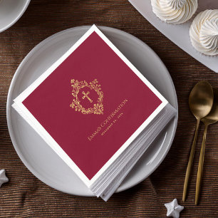 Girl Confirmation Burgundy Gold Cross Ornate Crest Napkin