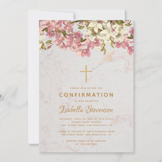 Girl Confirmation Floral Cross Pink Orchids Marble Invitation (Front)