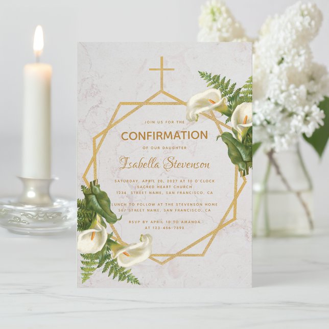 Girl Confirmation Floral Gold Marble Calla Lilies Invitation (Creator Uploaded)