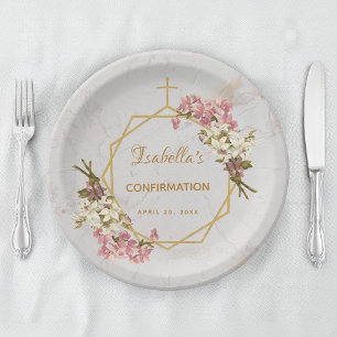 Girl Confirmation Floral Gold Pink Orchids Marble Paper Plate
