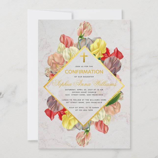 Girl Confirmation Gold Marble Sweet Peas Floral Invitation (Front)