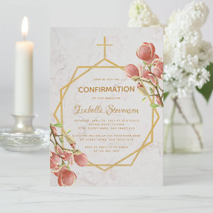 Girl Confirmation Gold Pink Magnolia Marble Floral Invitation