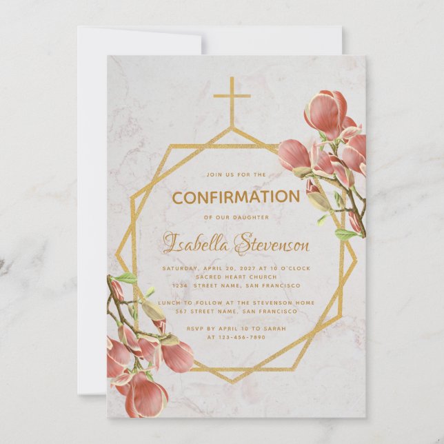 Girl Confirmation Gold Pink Magnolia Marble Floral Invitation (Front)