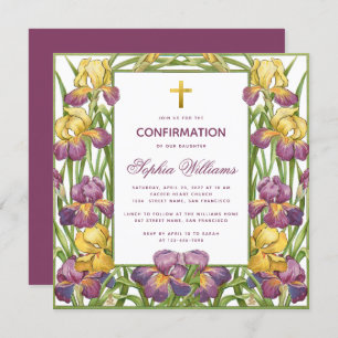 Girl Confirmation Iris Purple Yellow Cross Floral Invitation