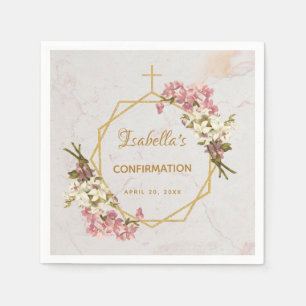 Girl Confirmation Marble Gold Pink Orchids Floral Napkin