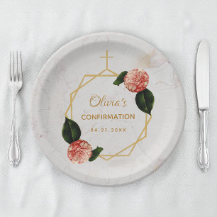Girl Confirmation Marble Pink Camellia Floral Gold Paper Plate