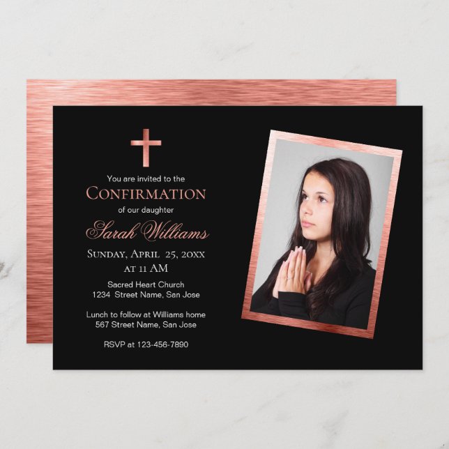 Girl Confirmation Photo Rose Gold Black Pink Invitation (Front/Back)