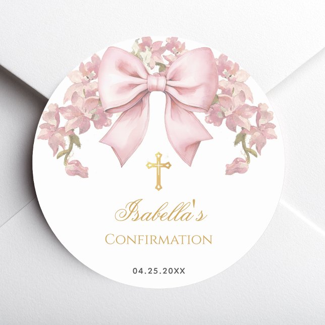 Girl Confirmation Pink Bow Faux Gold Cross Floral Classic Round Sticker (Creator Uploaded)