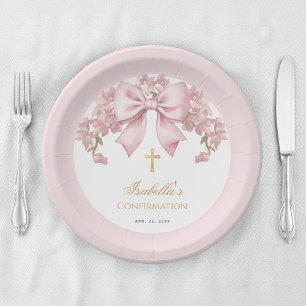 Girl Confirmation Pink Bow Floral Faux Gold Cross Paper Plate