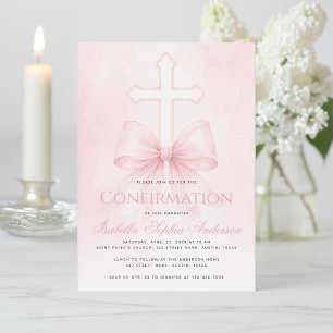 Girl Confirmation Pink Bow on Cross Watercolor  Invitation
