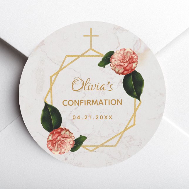 Girl Confirmation Pink Camellia Floral Gold Marble Classic Round Sticker (Creator Uploaded)