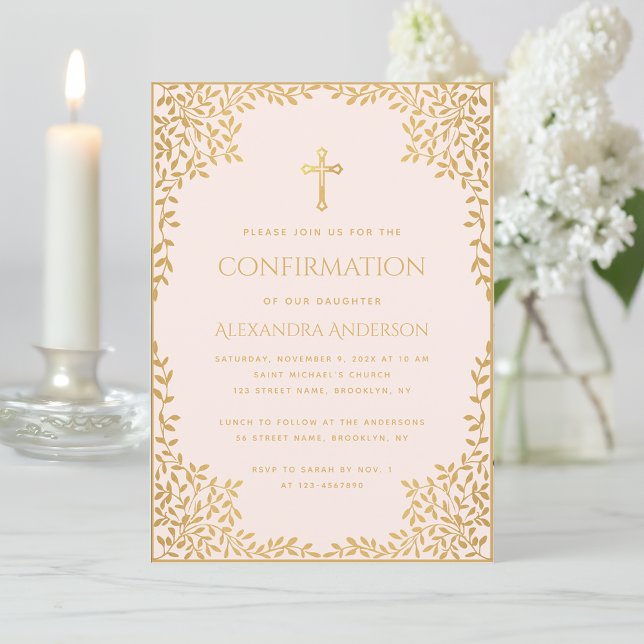 Girl Confirmation Pink Gold Leaves Vintage Elegant Invitation (Creator Uploaded)