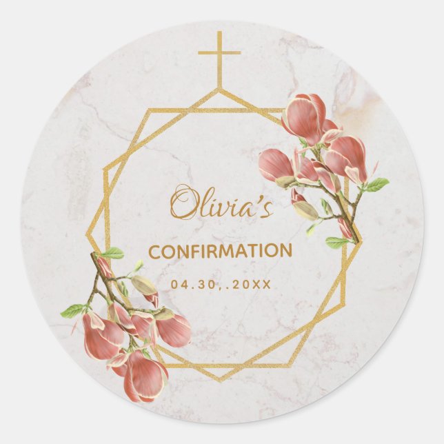 Girl Confirmation Pink Magnolia Gold Cross Marble Classic Round Sticker (Front)
