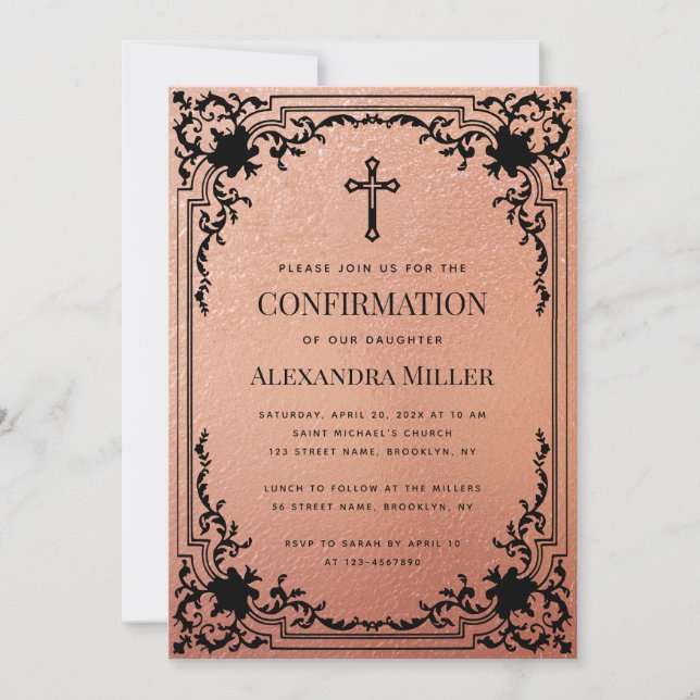 Girl Confirmation Rose Gold Vintage Elegant Pink Invitation (Front)