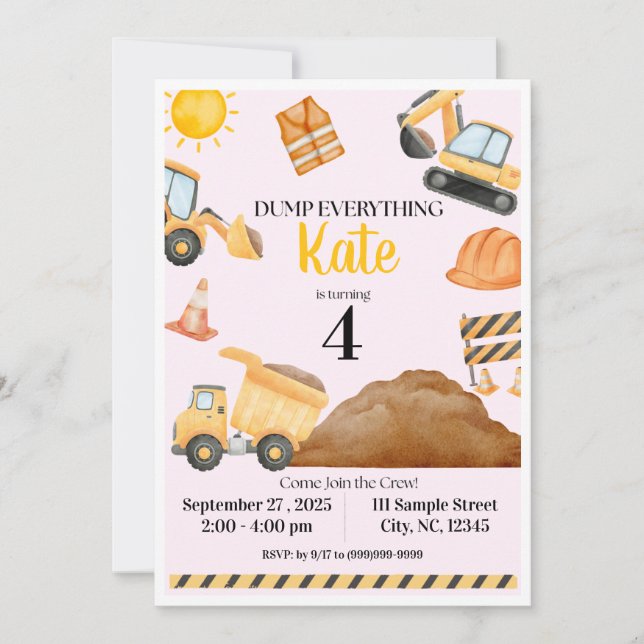 Girl Construction Birthday Invitation (Front)