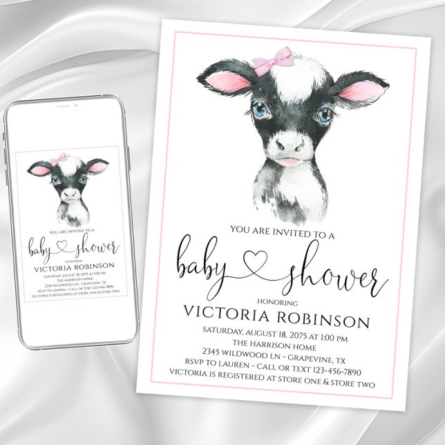 Girl Cow Farm Baby Shower Invitations (Adorable cow baby shower invitation. Instant download and printed invitations available.)