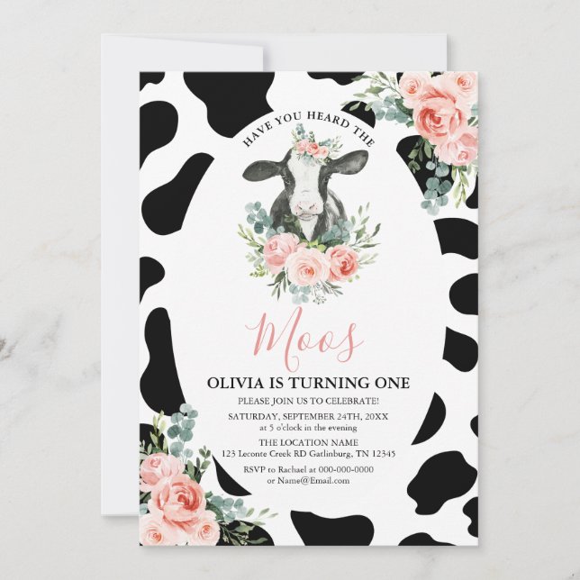 Girl Cow Pink Floral Have You Heard Moos Birthday Invitation (Front)