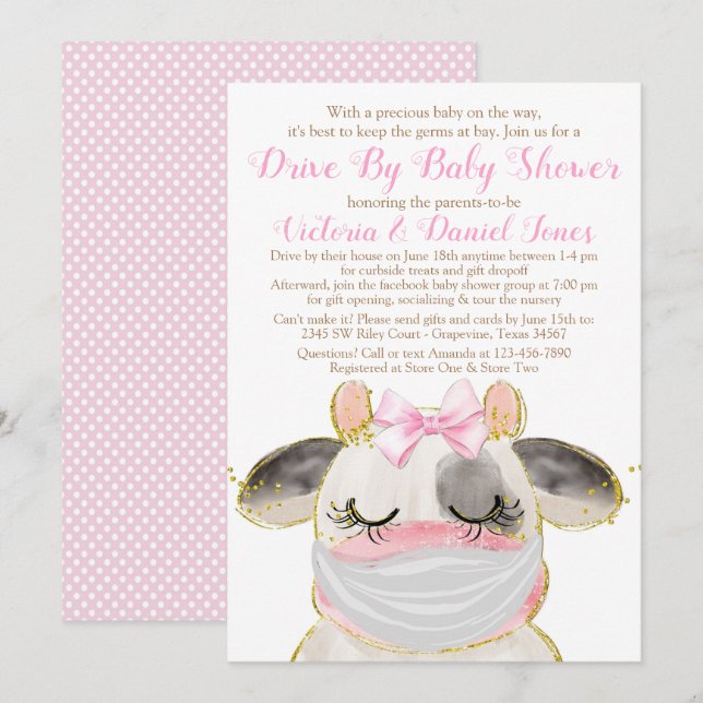 Girl Cow with Mask Drive By Baby Shower Invitation (Front/Back)