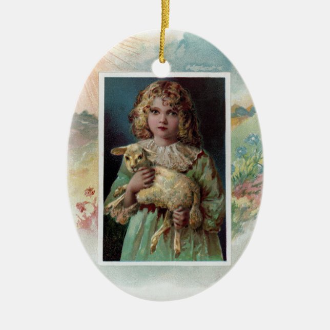 Girl Cradling Lamb Victorian Easter Ceramic Tree Decoration (Front)