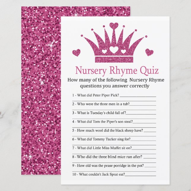 Girl Crown Nursery Rhyme Quiz baby shower game (Front/Back)