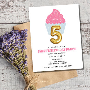 Girl Cupcake 5th Birthday Party  Invitation