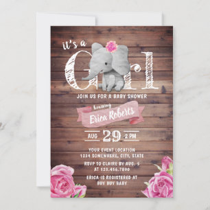 Girl Cute Elephant Rustic Floral Baby Shower Invitation
